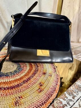 Vince Camuto Black Leather and Suede Shoulder Bag with Gold Accent